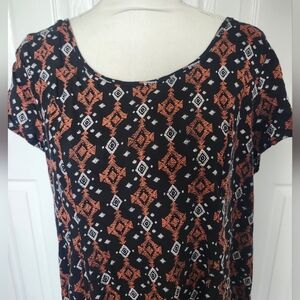 Torrid Size 00 Brown/Black Geometric Print Raw Edge Cap Sleeve Tunic Top Blouse